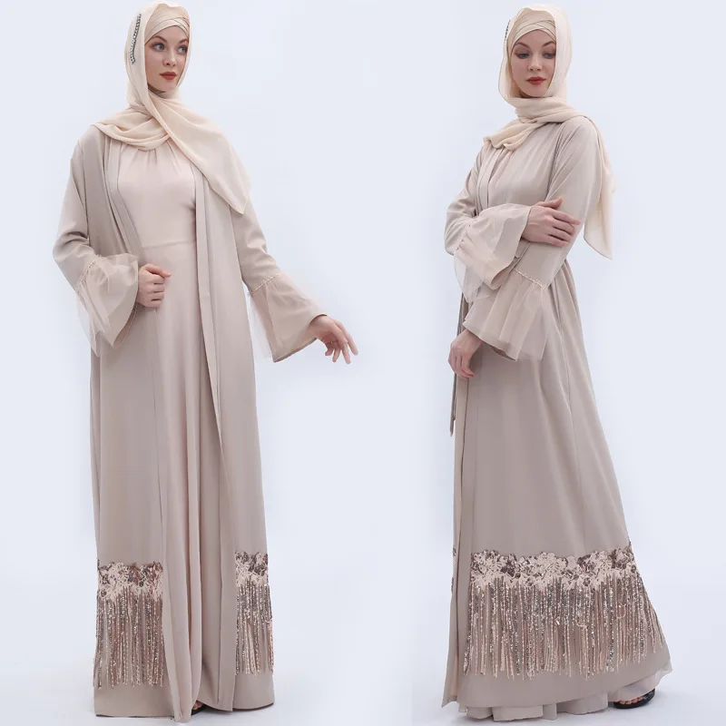 Мусульманское платье с пайетками абайя Дубай открытый кафтан для женщин кисточка Открытый спереди кардиган кимоно платье арабский джилбаб вечерние коктейльные платья Оман