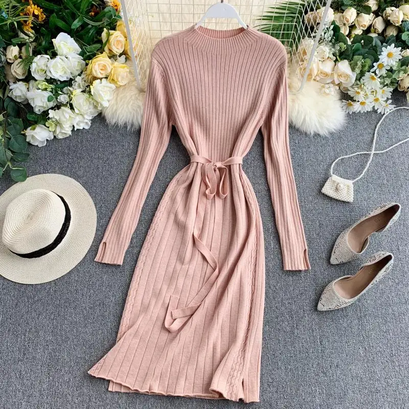 ALPHALMODA толстые теплые вязаные платья с длинными рукавами и поясом осенние Изящные женские однотонные облегающие вязаные нижние платья наряд - Цвет: Розовый