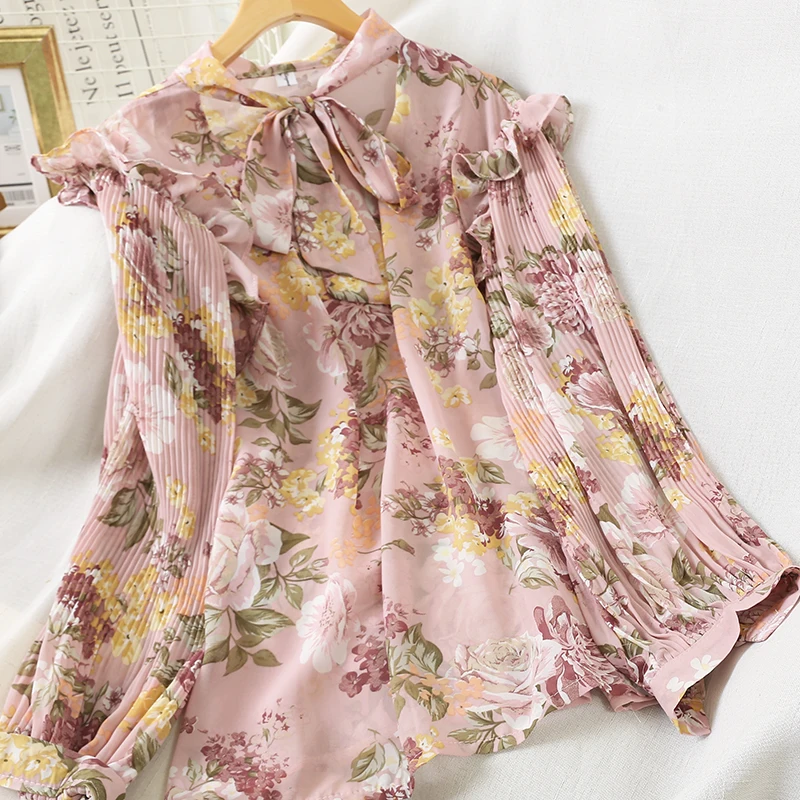 

vintage blouse women autumn spring chic design long sleeve bow printed shirt ladies tops roupa feminina