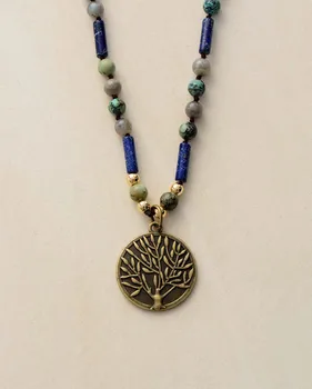 Vintage Tree Pendant Women Necklace African Turuoise Jaspers Beaded Lariat Necklace Unique Handmade Art Deco Jewelry Wholesale