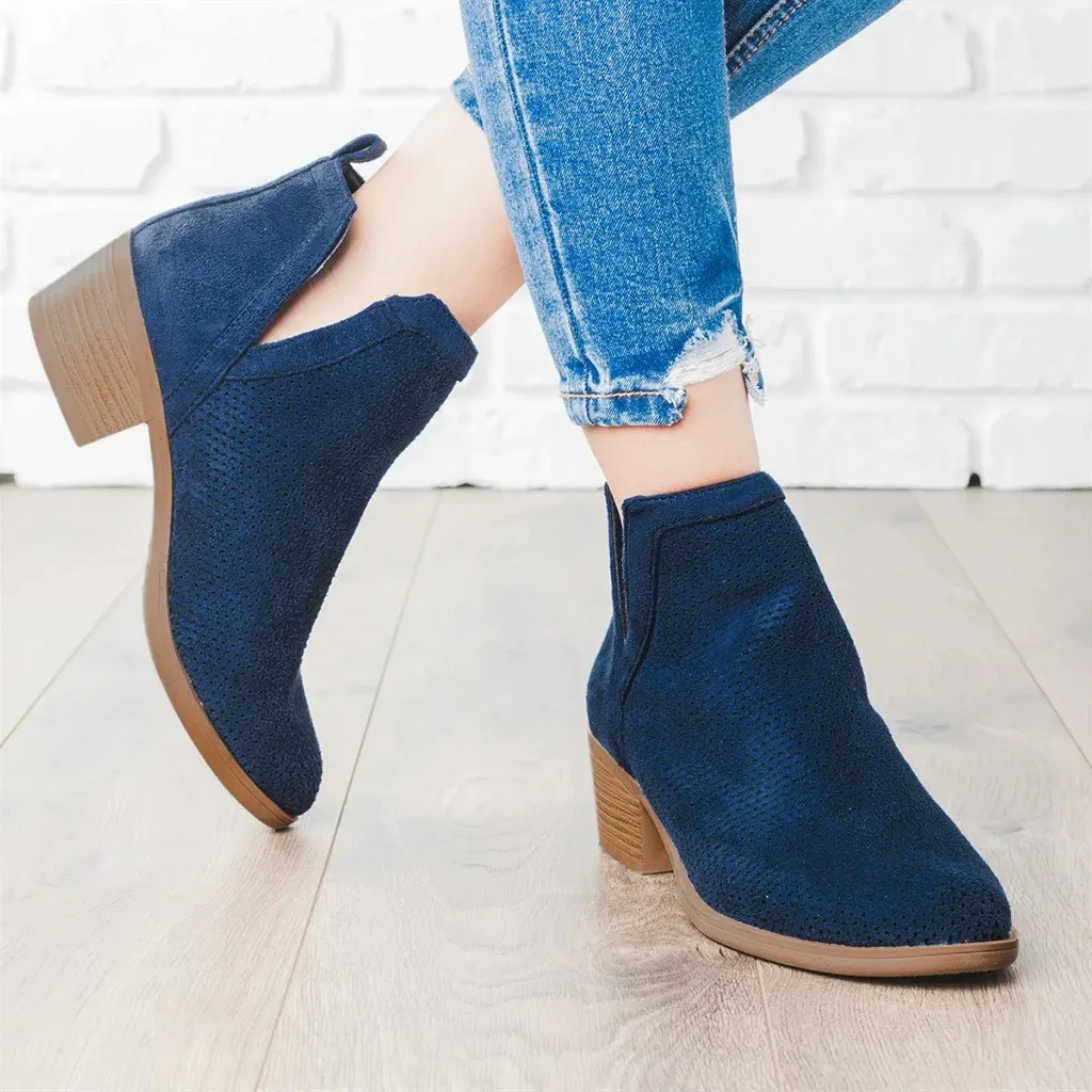 

Western Boots Women Vintage RomeSlip-On Hollow Out Med Heels Boots Nice Fashion Solid Large Size Short Boots Shoes Botas Mujer