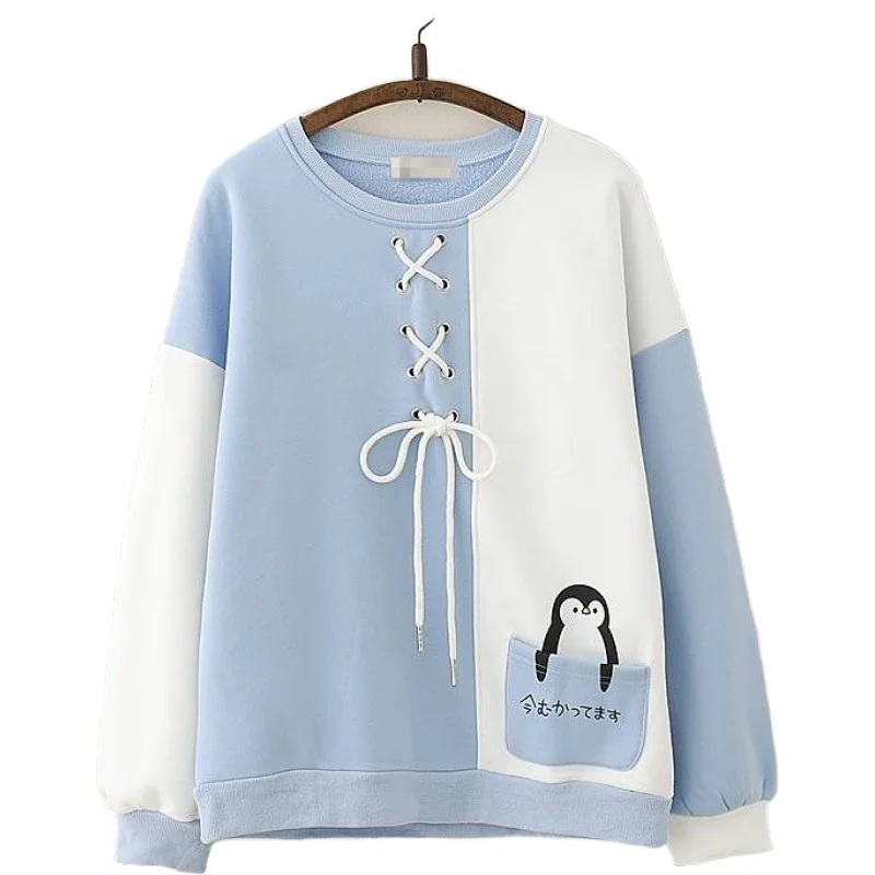 

Women Stitching Patchwork Sweatshirt Penguin Print Plus Fleece Hit Color Pullovers 2020 Autumn Winter Girl Harajuku Tracksuit