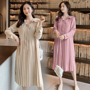 

7009# Spring Autumn Korean Fashion Maternity Dress Sweet Long Sleeve Pleated Loose Clothes for Pregnant Women Elegant Pregnancy