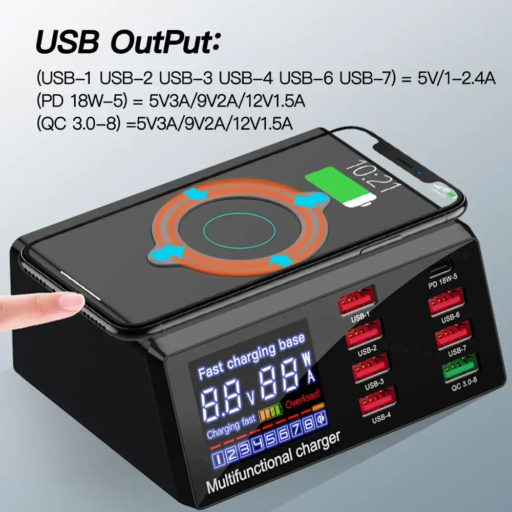 PD QC 3.0 USB Phone Charger Wireless Charging Smart Charge Adapter USB Fast Charging Station 8 Ports Charger for iPhone Samsung