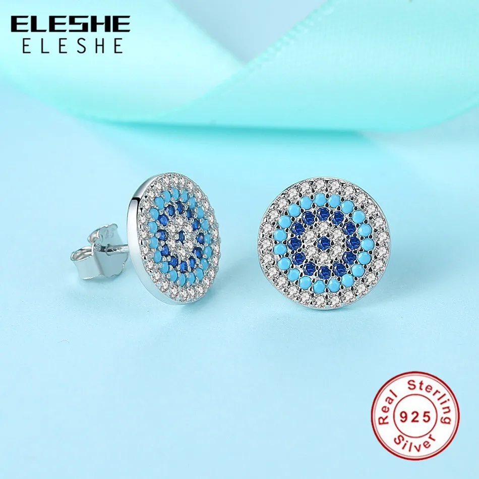 Подлинный eleshe 925 пробы серебро синий Lucky "кошачий глаз", круглые серьги-гвоздики для Для женщин турецкий серьги от сглаза изысканное Серебряное украшение