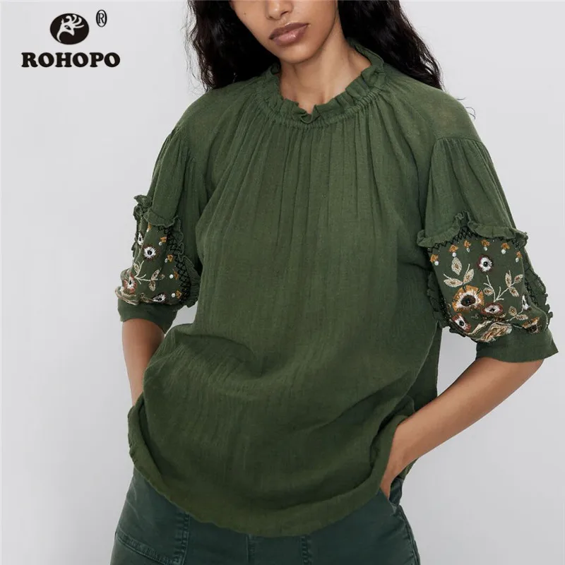 

ROHOPO Overlocked Neck-line Embroidery Puff Sleeve Army Green Cotton Linen Blouse Round Collar Retro Autumn Holidays Tops #9356