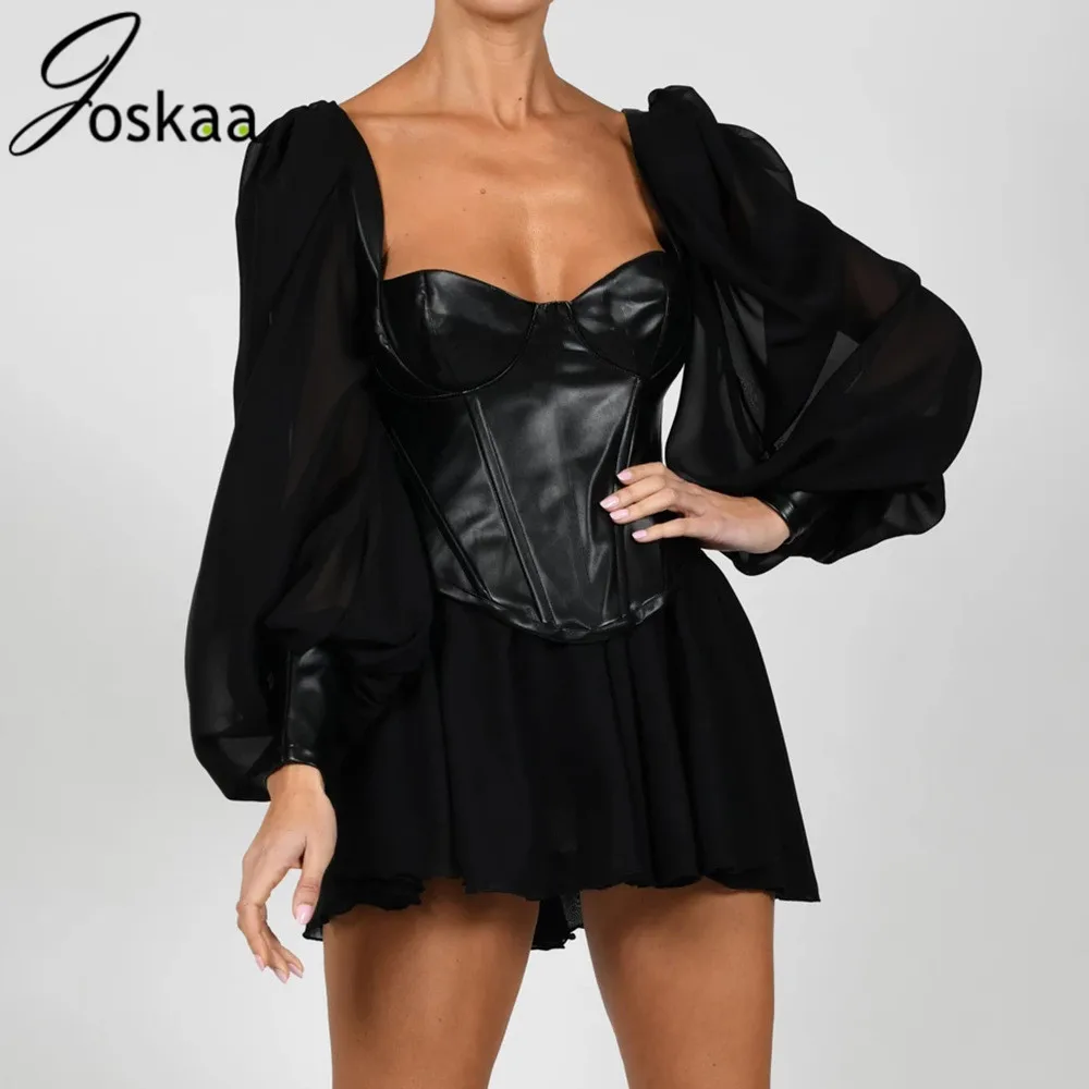 

Joskaa Square Neck Long Puff Mesh Sleeve Pu Leather Patchwork Tshirt Top Sexy Fashion Spring Elegant Party Tshirt Outwear