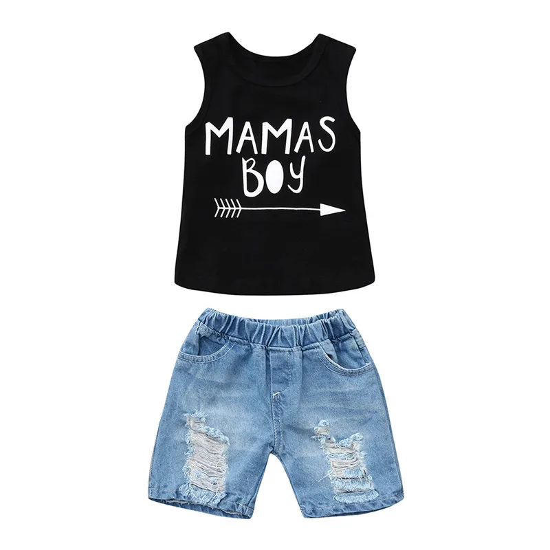 

2019 Fashion Toddler Baby Boys Clothing Baby Boy Letter Print Vest Tops+Hole Denim Jean Shorts Outfits Set