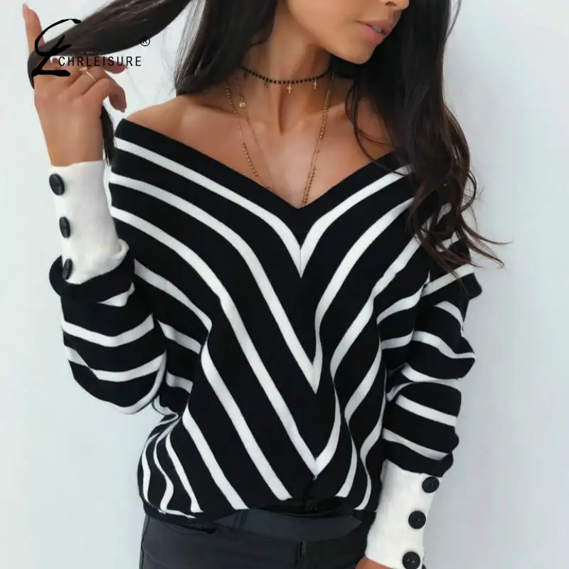 Женский свитер CHRLEISURE полосатый пуловер с v-образным вырезом рубашка длинными