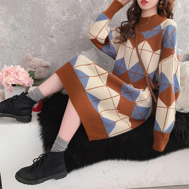 Свободная юбка-свитер средней длины Женская осень-зима сплошной цвет с длинными рукавами ins пуловер свитер