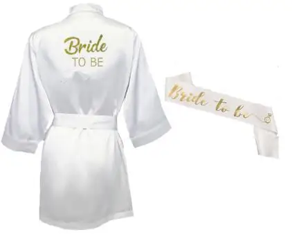 Комплект из 3 предметов для невесты, халат, тапочки Атласный халат с поясом женские блестящие золотые вечерние кимоно для невесты - Цвет: robe and sash