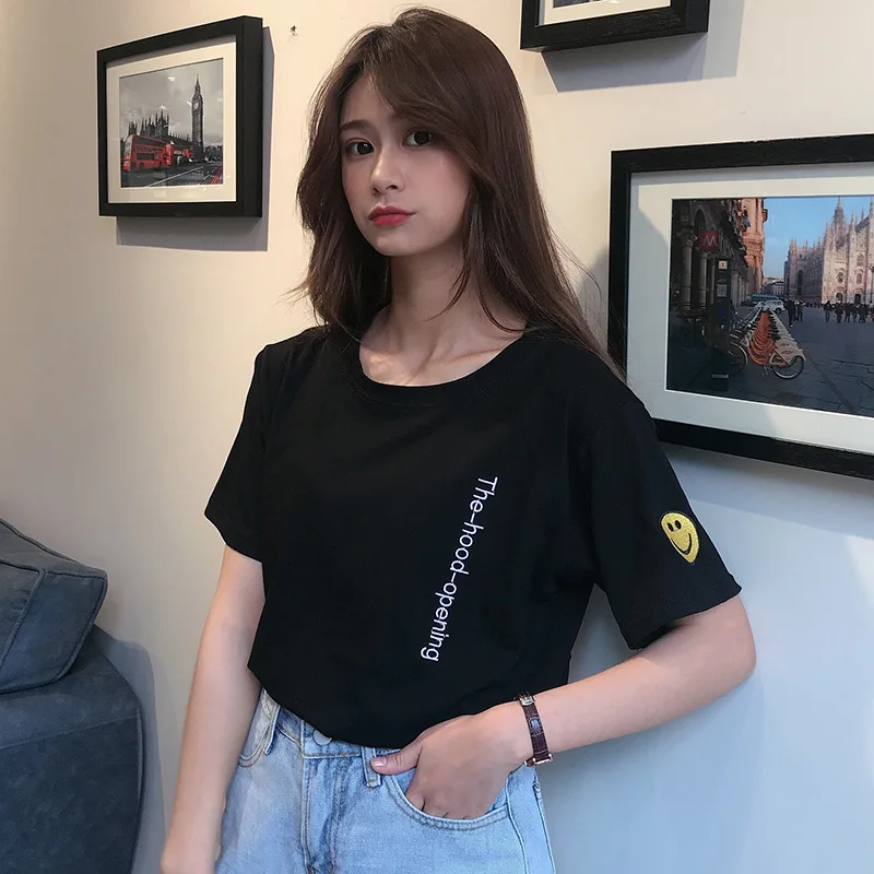 

2019 Summer Women's T-Shirt Korean Fashion Casual Simple Wind Solid Color Letter Embroidery Female Tees O-Neck Tops 90s New