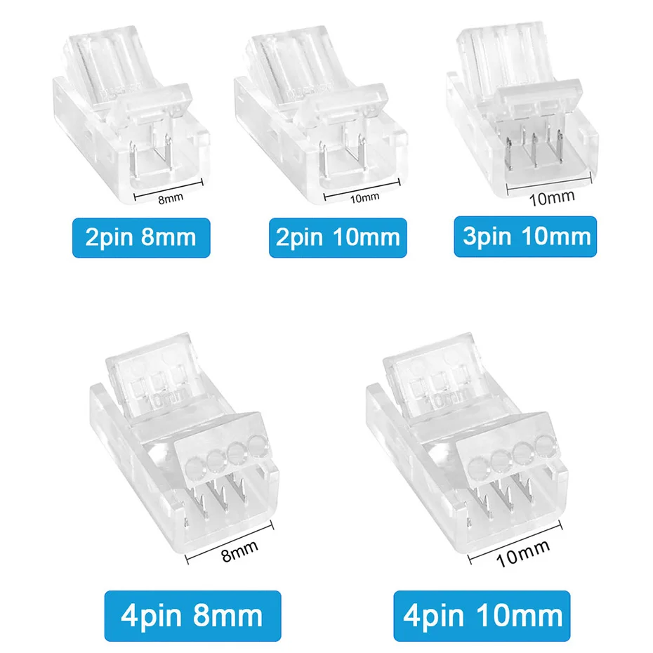 5 pçs/lote 2pin 3pin 4pin tiras led conector 8mm 10mm para rgb 3528 5050 led luz de tira conexão fio