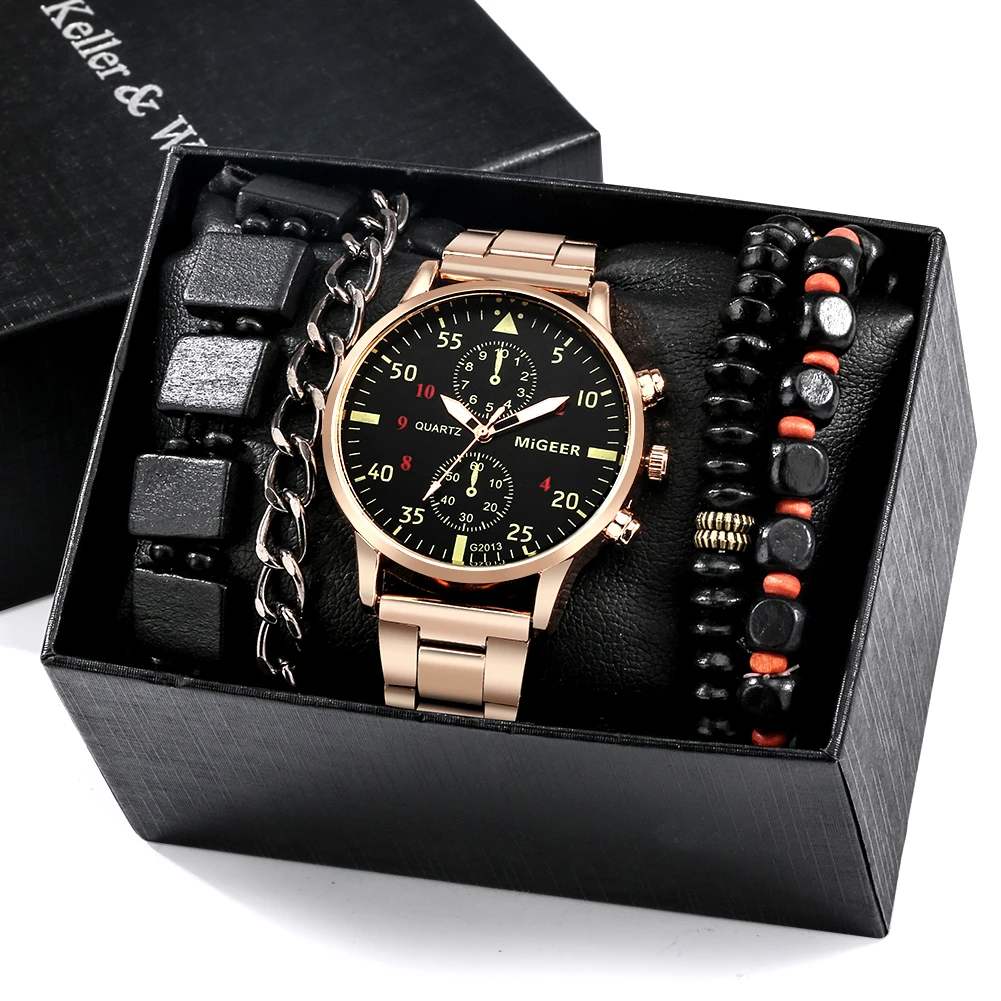 

MIGEER Men's Watches Fashion Sport Bracelet Set Black Face Quartz Watch Casual Business Wristwatch Gift for Man Reloj Hombr