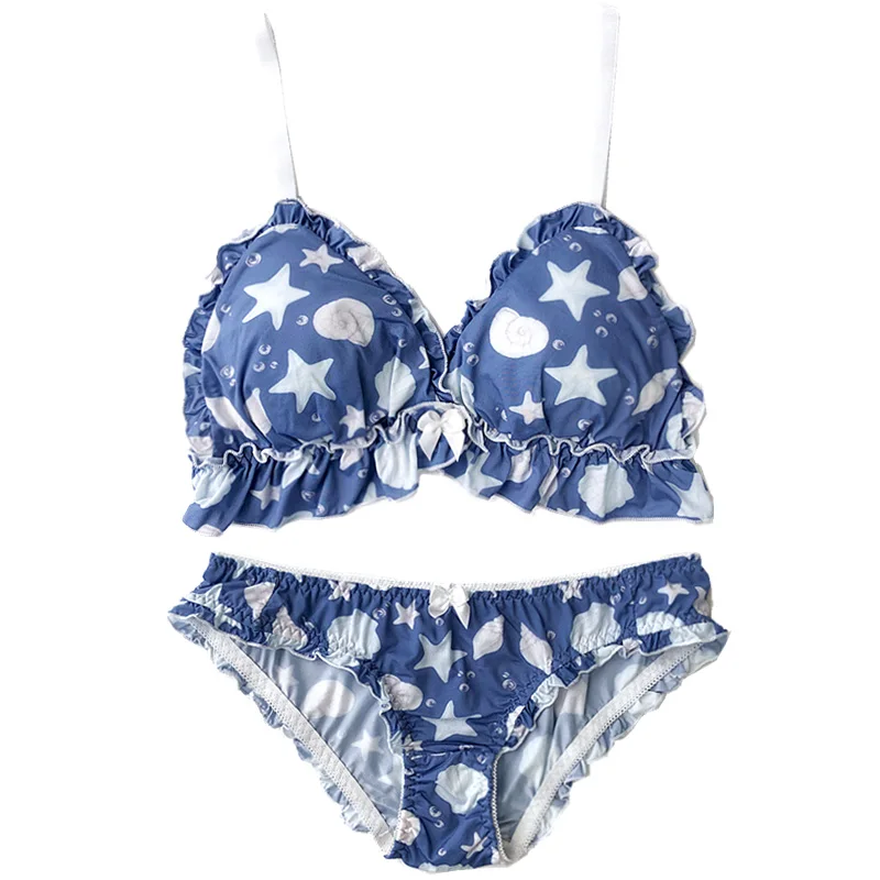 

Wriufred Fantasy Starfish Shell Sweet and Lovely Bra Set Triangle Cup Gathered Underwear Cotton Lingerie Thin Plus Size Bralette