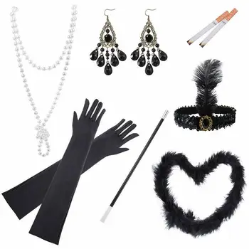 1920 년대 오드리용 헵번 액세서리, 유럽 및 미국 볼 파티용 빈티지 스모크 로드 헤드 피스 장갑 귀걸이 목걸이
