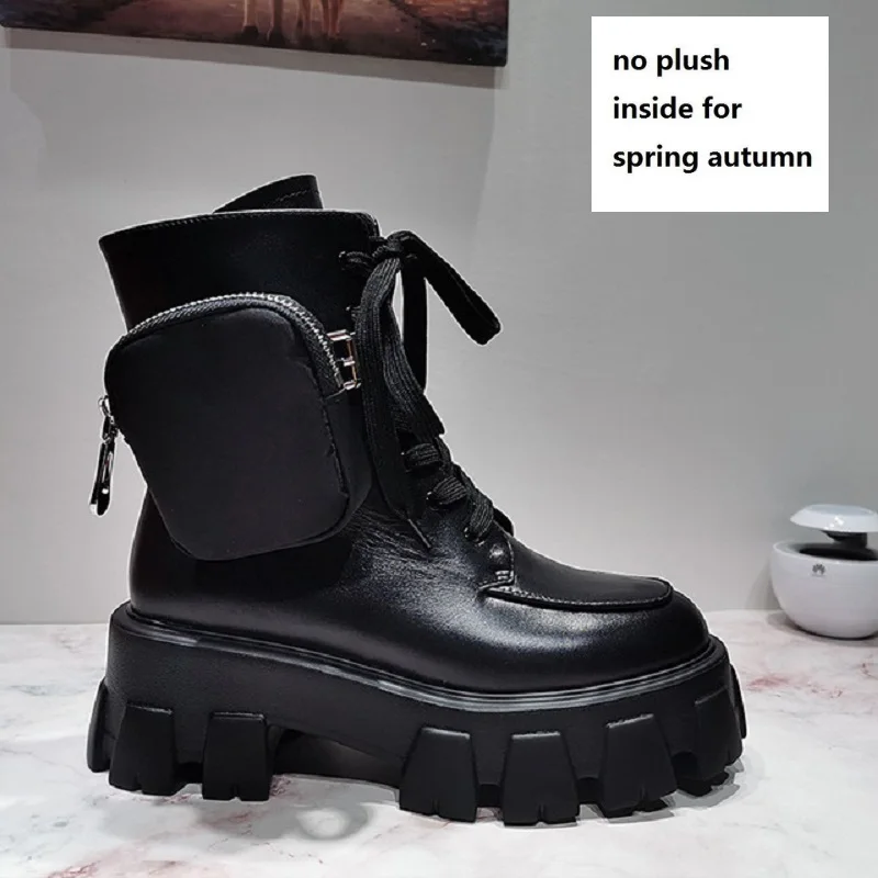 Spring Autumn Black1 Весенне-осенние женские ботильоны из натуральной кожи с карманами; зимние женские короткие военные ботинки с плюшевой подкладкой на платформе со шнуровкой; 1912 - Цвет: Spring Autumn Black1
