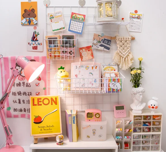 Grid without punching photos iron mesh easy to install pink girl heart room layout desktop sundry decoration rack J05