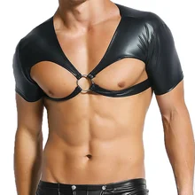 Гей Грудь Жгут фетиш, из искусственной кожи бондаж белье мышцы Экзотический костюм бдсм мужской короткий рукав Короткие топы вечерние клубная одежда XXL