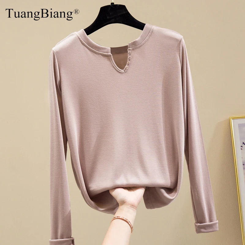 

2020 Long sleeve Women Button V-neck Cotton Tee Shirts Casual Autumn Winter Elastic Blue T shirts female fashion Slim Soft Tops