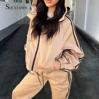 

Streetwear Hooded 2 Piece Matching Set Autum Zip Long Sleeve Jacket and Pants Set Casual Side Striped Two Pice Outfits for Women