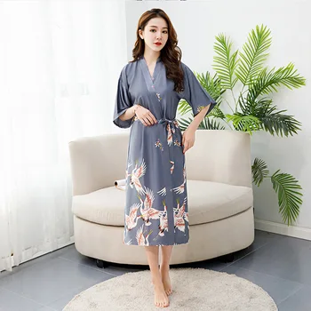 

Sexy Print Crane Long Rayon Nightgown Half Sleeve Nightdress Sleepdress Sleepshirts Nightshirt Autumn Loose Lady Home Dress