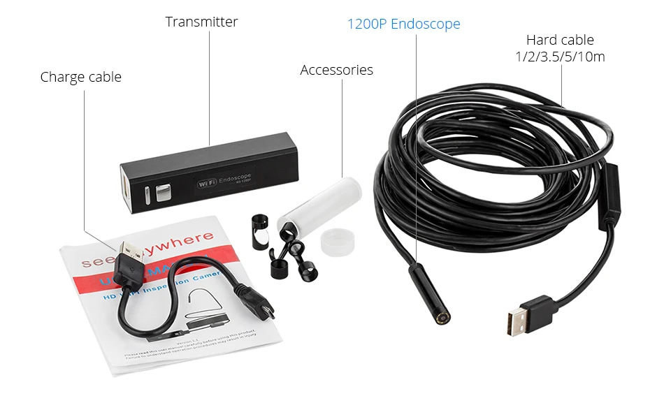 Inspeção do Motor 1200p de Alta Wifi Endoscópio Câmera Resolução Tubo Drenagem 8mm Usb Ios Android pc 1 Wifi endoscópio câmera 1200p de alta resolução
