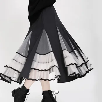 

Skirts Womens Harajuku Net Yarn Stitching Puff Skirt New French Niche Design Retro Pleated Autumn Black Skirt Patchwork Lace