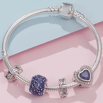 

2020 100% 925 Sterling Silver Blue Pure Heart Bead Bracelet PDL0323 Winter Ice Crystal Glamour Jewelry Manufacturer Wholesale