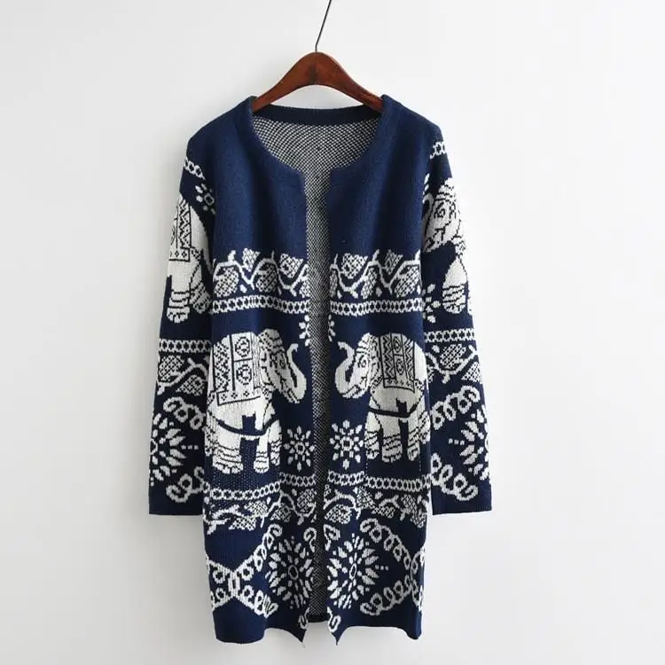

Fall 2019 Elephant Print Knitted Cardigan Cardigans Women Long Sleeve Loose Long Sweaters O Neck Casual Grey Cardigan