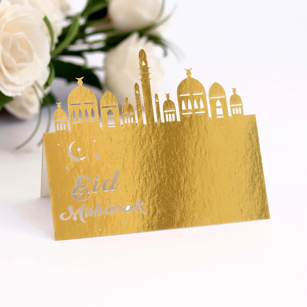 Eid Mubarak вечерние открытки на сиденье, лазерные пирсинг, праздничные декоративные карты, Золотая бронзовая карта на место, счастливые Eid Ramadan Kareem, мусульманские Вечерние украшения