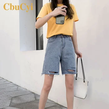 

Women Ripped Denim Shorts Summer 2020 New High-waisted Thin Loose Jeans Shorts Women Casual Straight Knee Length Wide Leg Shorts