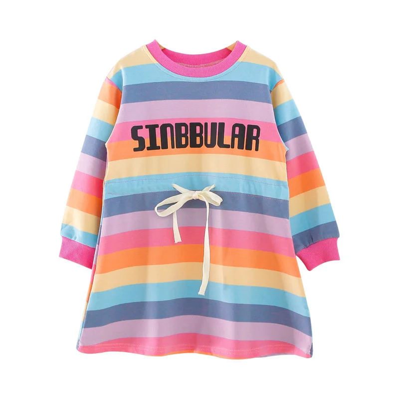 

Girls Dresses Autumn New Girls Fashion Long-Sleeved Letter Rainbow Striped Print Dress Children's Clothing