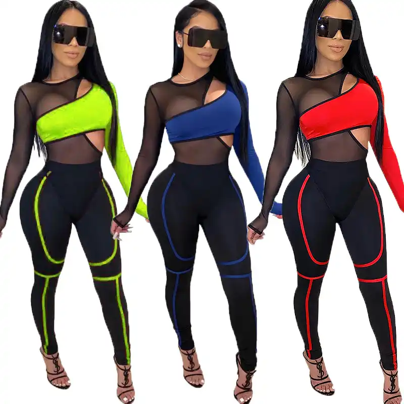 Conjunto de 2 piezas de chándal de malla para mujer, ropa deportiva, prendas  con neón a juego, para correr, talla grande|Conjuntos de mujer| - AliExpress