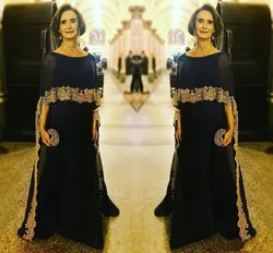 Elegant Dark Navy Mother of the Bride Dresses with Gold Applique Floor Length 2019 Plus Size Evening Gowns Mother of the Groom