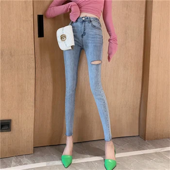 

Real shot 2020 new fashion retro wild temperament high waist jeans with thin legs and slim legs and casual pencil pants