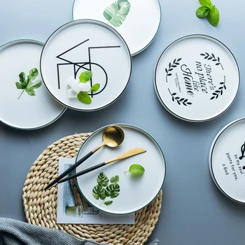 

Nordic Tableware Ceramic Steak Dish Greenery Pattern Porcelain Plate Fruit Food Dessert Tray Porcelain Dinner Plate Serving Dish
