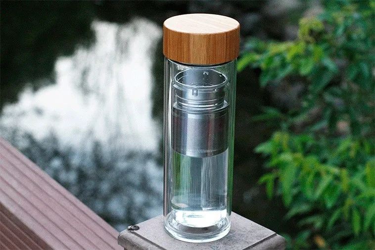 Free Shipping Wholesale 50PCS/LOT Bamboo Lid Double Wall High Borosilicate Glass Tea bottle with tea Strainer and Infuser