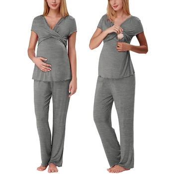 

2Pcs/Set Criss-Cross V-neck Pregnant Women Breastfeeding Clothes Home Clothing Women's Pajamas Set Short Sleeve T-shirt + Pants