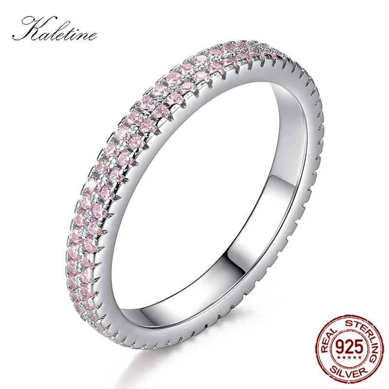 

KALETINE Pink CZ Stones Ring Women Sterling 925 Silver Rings Shinning Crystals Luxury Silver Jewelry Wedding Band Gifts KLTR143