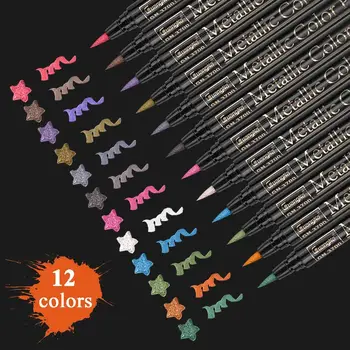

Metallic Marker Pen Set 12 Colors Metallic Brush Pen Markers for Black Paper Scrapbook Art Rock Painting Card Making Coloring