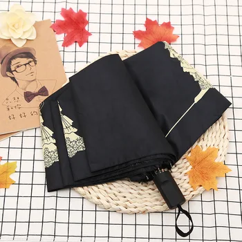 

Korean cute princess Wind Resistant Folding automatic 3 fold umbrella woman sun umbrella black coated ultra light parasol