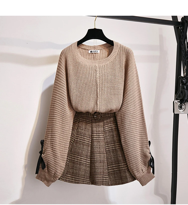 Пуловер, вязаный свитер+ короткая юбка в клетку, костюм-двойка, Женский комплект teo, осенне-зимний комплект одежды