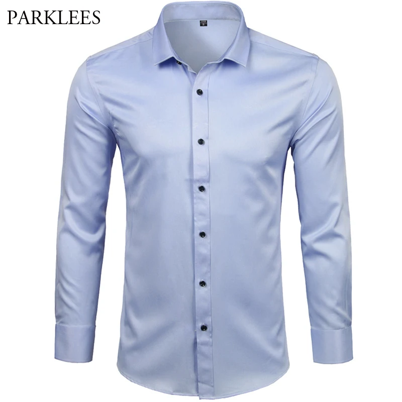 Camisas de vestir de fibra de bambú para hombre, camisas informales ajustadas de manga larga para actos sociales, cómodas, sin hierro, color azul