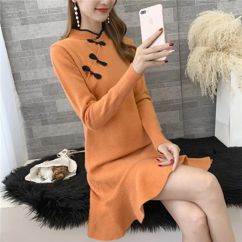 Женский осенний женский длинный свитер с диагональной пряжкой cheongsam с длинными рукавами женский свитер пуловер рыбий хвост