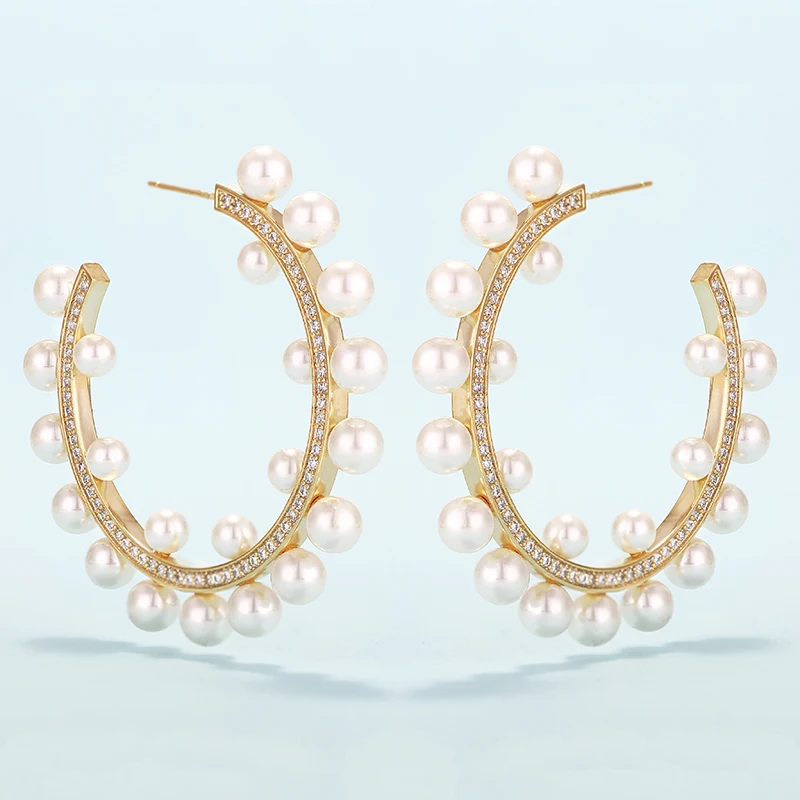 

Luxury Pearl Hoop Earrings Shinning Zirconia Paved 925 Pin Circle Earrings for Women Wedding Jewelry XIUMEIYIZU New Arrivals