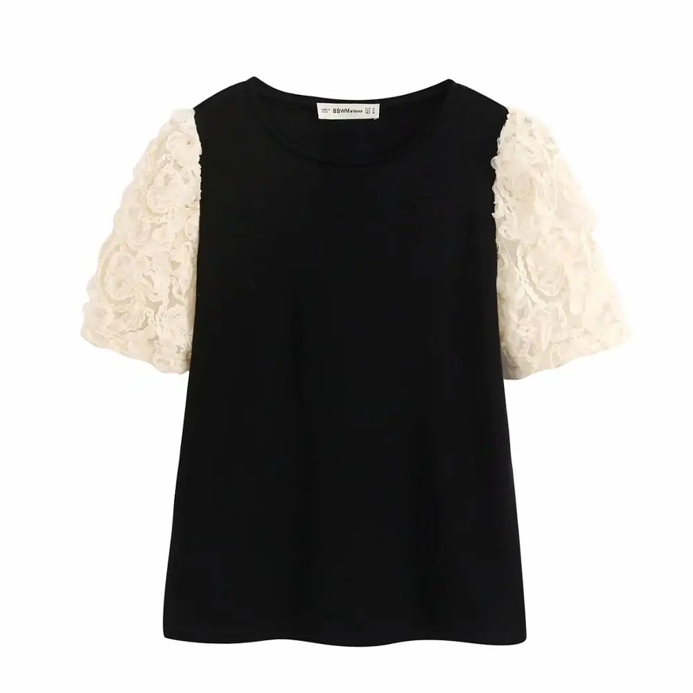 Новая женская элегантная Кружевная блуза с коротким рукавом в стиле пэчворк