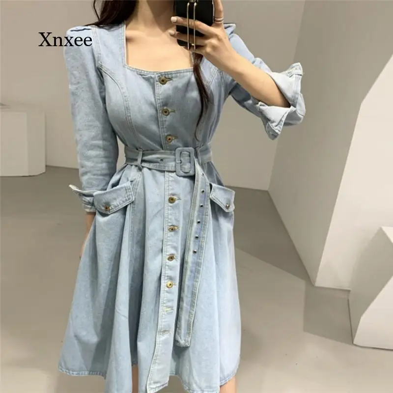 

2021 New Spring and Autumn Women's Fashion Denim Dress Pocket Middle Calf Casual Belt Square Collar Single-Breasted Robe