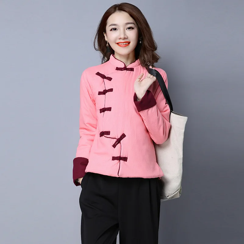 

2017 Autumn And Winter New Style Retro Literature And Art Xie Jin Flax Stand Collar Handmade Frog Cotton-padded Clothes Charen S