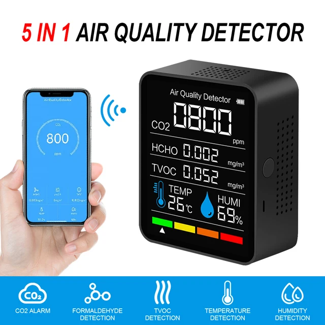 ZBRO 2021 Latest Generation Air Quality Monitor Multifunctional 5 in1 CO2 Meter Digital Temperature Humidity Sensor Tester Air Quality Monitor Carbon Dioxide TVOC HCHO Detector Black 3 in1